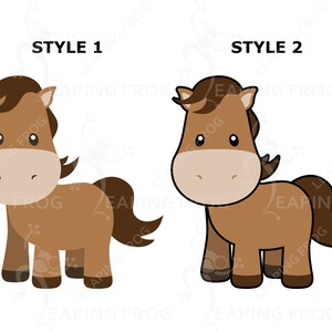 May include: Two cartoon illustrations of a brown horse with a brown mane and tail. The horse on the left has its legs spread apart and the horse on the right has its legs together. The text "STYLE 1" is above the horse on the left and the text "STYLE 2" is above the horse on the right.