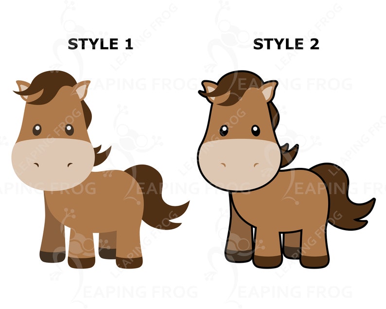 May include: Two cartoon illustrations of a brown horse with a brown mane and tail. The horse on the left has its legs spread apart and the horse on the right has its legs together. The text "STYLE 1" is above the horse on the left and the text "STYLE 2" is above the horse on the right.