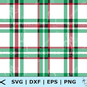 Könnte beinhalten: Digital erstelltes Karomuster in Grün, Rot, Schwarz und Weiß. Das Design weist sich kreuzende horizontale und vertikale Linien auf, die ein gitterartiges Aussehen erzeugen. Das Bild enthält den Text "SVG | DXF | EPS | PNG" und ein Logo.