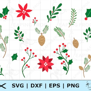 Feuillage de Noël SVG. PNG. Fichiers découpés Cricut, fichiers superposés. Silhouette. Pommes de pin, gui. Feuilles de baies de houx d'hiver, téléchargement immédiat