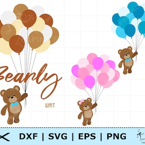 Ours avec des ballons SVG. Fichiers à découpe circulaire, fichiers superposés. Fichiers silhouette. PNG. DXF. Ours en peluche. Nouveau bébé. Rose, bleu. Téléchargement instantané.