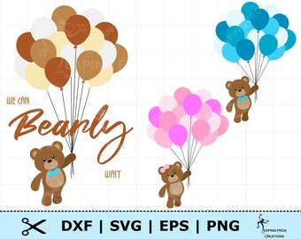 Orso con palloncini SVG. File tagliati a circuito, file a più livelli. File di sagoma. PNG. DXF. Orsacchiotto di peluche. Nuovo bambino. Rosa, Blu. Download istantaneo.