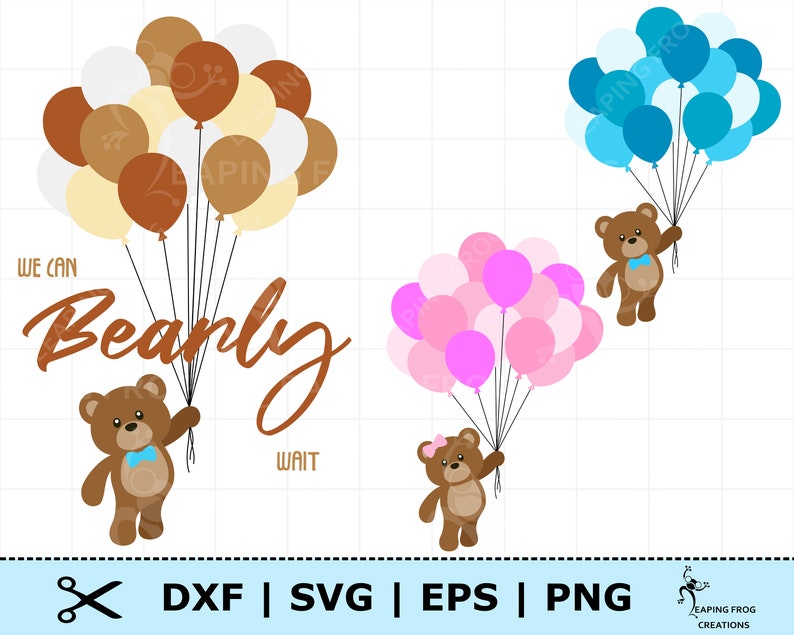 Bear with Balloons SVG.  Circut cut files, layered files. Silhouette files. PNG. DXF. Teddy Bear. New baby. Pink, Blue. Instant Download. 