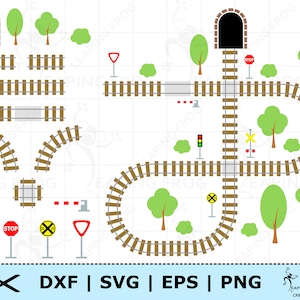 Puede incluir: Un conjunto de vías de tren imprimibles con un túnel, árboles y señales de tráfico. El conjunto incluye una variedad de piezas de vías, incluyendo vías rectas, curvas y desvíos. El conjunto también incluye una variedad de señales, incluyendo una señal de stop, una señal de cruce de ferrocarril y una señal de advertencia.