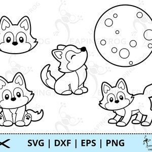 Puede incluir: Un conjunto de cuatro ilustraciones en blanco y negro de arte de línea que representan una luna llena y tres poses diferentes de un lobo de dibujos animados. El lobo se representa en posición sentada, de pie y de frente.