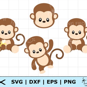May include: Four brown cartoon monkeys with black eyes and noses. One monkey is holding a yellow banana. The monkeys are in different poses, including sitting, standing, and waving.