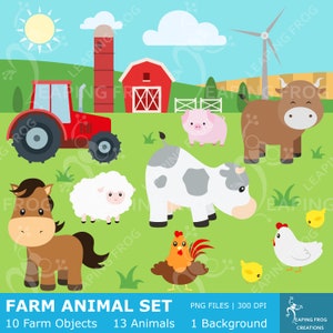 Bauernhof Clipart. Bundle - Digital / Sofortiger Download. Scheune, Traktor, Pferd, Schafe, Schweine, Kühe, Hühner, Windmühle. PNG. Niedliche Tiere!