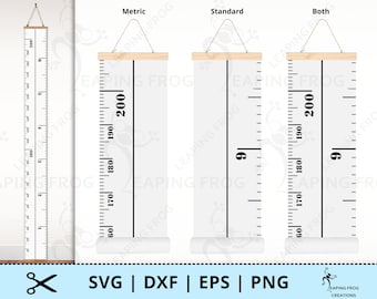 May include: A white growth chart with black markings for both inches and centimeters. The chart is designed to be hung on a wall and includes a wooden dowel at the top.
