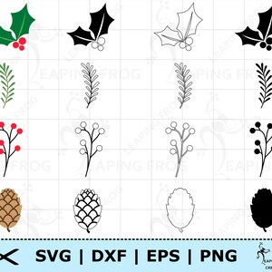 May include: A collection of Christmas-themed digital graphics, including holly with red berries, sprigs, and pine cones. The designs are presented in color, black and white, and outline styles. The image includes the text "SVG | DXF | EPS | PNG".