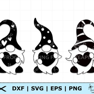 May include: Three black and white gnomes holding hearts with the words "PING FROG" on them.