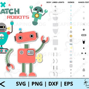 May include: Mix and Match Robots SVG cut file. This digital download includes a variety of robot parts, including bodies, limbs, joints, gizmos, hands, feet, and faces. The robot parts are in various colours, including red, blue, green, and grey.