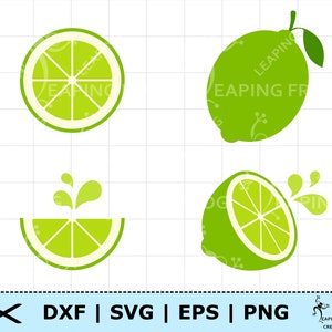 May include: Four different lime illustrations. The first is a whole lime, the second is a lime cut in half, the third is a lime cut in half with a juice splatter, and the fourth is a lime cut in half with a juice splatter.