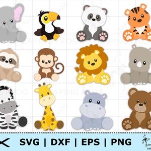 Conjunto SVG de animales de la selva. Animales de Safari SVG. Archivos de corte Cricut, archivos en capas. Archivos de silueta. DXF. Paquete de animales de la selva png dxf. Clipart.