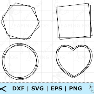 May include: Four black outline frames in different shapes: a circle, a heart, a square, and an octagon. The frames are on a white background with a grid pattern.