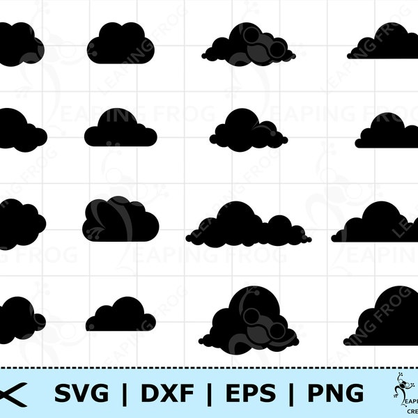 Nuages SVG. PNG. Fichiers de coupe Cricut, fichiers Silhouette. Contour, pochoir. Noir, blanc. Téléchargement instantané ! Lot, ensemble. Ciel. DXF, eps.