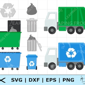 Garbage Trucks SVG. PNG. Recycling Set, bundle.  Cricut cut, layered files. Silhouette files. Birthday decor. DXF, eps. Instant Download