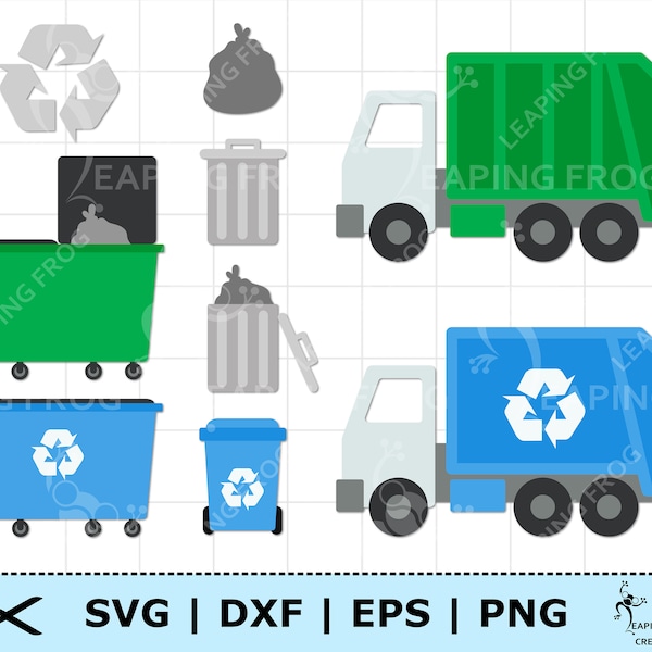 Garbage Trucks SVG. PNG. Recycling Set, bundle.  Cricut cut, layered files. Silhouette files. Birthday decor. DXF, eps. Instant Download