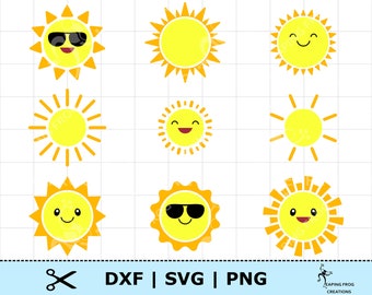 May include: Nine different sun designs with various facial expressions. Some suns are wearing sunglasses. All suns are yellow with orange rays.