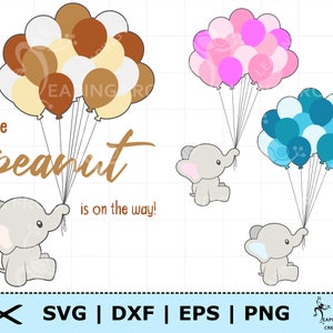 Elefante con Globos SVG. Archivos de corte circular, archivos en capas. Archivos de silueta. PNG. DXF. Bebé elefante. Rosado azul. Descarga instantánea.