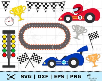 May include: A collection of racing-themed digital graphics. Includes red and blue race cars, checkered flags, trophies, a racetrack, a speedometer, and a starting light. The image also contains the text "SVG | DXF | EPS | PNG".