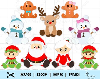 Puede incluir: Un conjunto de diez archivos de corte SVG con temática navideña que incluyen un hombre de jengibre, un reno, un muñeco de nieve, Santa Claus, la señora Claus y dos duendes. Los personajes están todos sentados y tienen un estilo de dibujos animados.