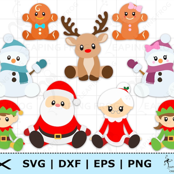 Lot de Noël SVG. PNG. Fichiers de coupe Cricut, Silhouette, fichiers en couches. Bonhommes en pain d'épice, père Noël, Mme Noël, bonhomme de neige, ensemble, téléchargement immédiat