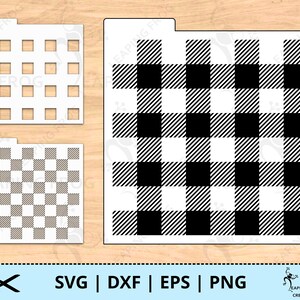 May include: Three digital cut files for a checkered pattern, a buffalo plaid pattern, and a grid of squares. The files are in SVG, DXF, EPS, and PNG formats.