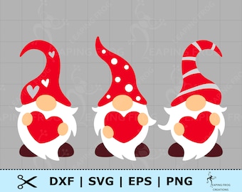 May include: Three Valentine's Day gnomes in red hats and white beards, each holding a red heart. The hats have different designs: hearts, polka dots, and stripes. The image includes the text "DXF | SVG | EPS | PNG".
