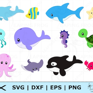 Ocean Animals SVG Set. Ocean svg. Cricut cut files, layered files. Silhouette files. DXF. PNG. eps. Bundle. Killer Whale, Dolphin, Fish, etc