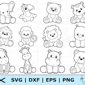 Conjunto SVG de animales de la selva. Animales de Safari SVG. Archivos de corte cricut, archivos Silhouette. Esquema, plantilla. Paquete de animales de la selva png dxf. Imágenes Prediseñadas