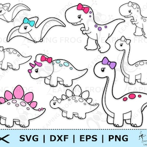 Mädchen Dinosaurier SVG PNG. Cricut cut Dateien, geschichtet. Silhouette. DXF, eps. Schablone, Outline. T-rex, Stegosaurus, Schleifen, niedlich, sofort download!