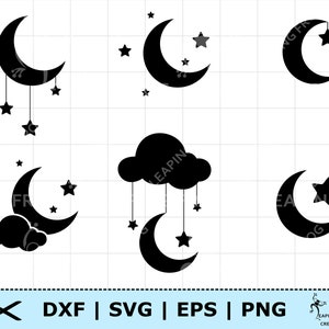 Maan SVG. PNG. Maan en sterren-svg. Cricut gesneden bestanden. Silhouet. DXF. png. eps. Directe download. Nachtelijke hemel, hemels, bundel, set.