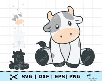 Cute Cow SVG. Cricut, Silhouette Cut Files. PNG. DXF. Cartoon cow. Layered files. Great for nursery or baby shower. Clipart. Black & white.
