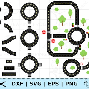 Wegenset SVG. Raceauto spoor SVG. Cricut gesneden bestanden, silhouet. Stopborden, bomen, enz. Set, bundel. PNG. DXF. eps. Directe download!