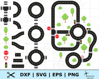 Conjunto de estradas SVG. Pista de carro de corrida svg. Arquivos de corte Cricut, Silhueta. Sinais de parada, árvores, etc. Conjunto, pacote. PNG. DXF. eps. Download instantâneo!