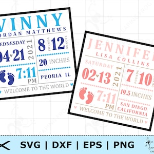 Faire-part de naissance SVG. Avec des polices de caractères. Modèle, personnalisable, personnalisez. Fichiers de coupe Cricut, fichiers Silhouette. Téléchargement instantané. PNG, DXF, EPS