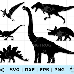 May include: Silhouettes of five different dinosaurs: a pterodactyl, a Tyrannosaurus Rex, a Brachiosaurus, a Triceratops, and a Stegosaurus. The dinosaurs are black against a white background.