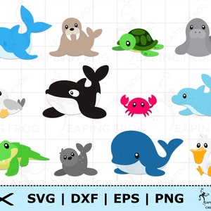 Ozean Tiere SVG PNG. Strand. Cricut Schnitt Dateien, Dateien mit Ebenen. Silhouette-Dateien. DXF. eps. Bündel, Set. Großer Schwertwal, Delfin, Seekuh, etc.