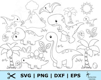 Dinosaur SVG bundle. Cricut cut files, Silhouette. Dinosaur outline set. Dinosaur stencil. DXF. PNG eps. Baby Dinosaurs in Eggs, Palm Trees.