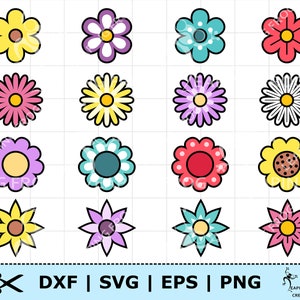 May include: Set of 16 flower clip art images in various colors and styles. The flowers are outlined in black and have a simple, cartoon-like design.