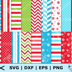Peut inclure: Un pack de papier numérique avec 16 motifs de Noël différents. Les motifs comprennent des rayures rouges et blanches, des rayures rouges et vertes, des pois rouges et blancs, des chevrons rouges et blancs, des flocons de neige bleus et blancs et des pois verts et blancs.