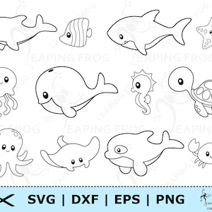Oceaandieren SVG, PNG. Cricut gesneden bestanden, silhouetbestanden. DXF. eps. Sjabloon, overzicht. Bundel. Set. Orka, dolfijn, vis, enz
