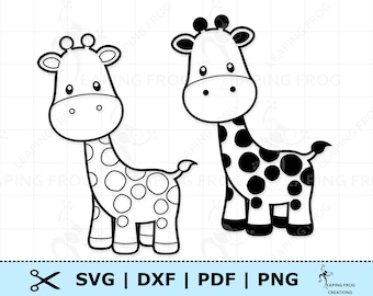 May include: Two black and white line art illustrations of giraffes. One giraffe has white spots and the other has black spots.