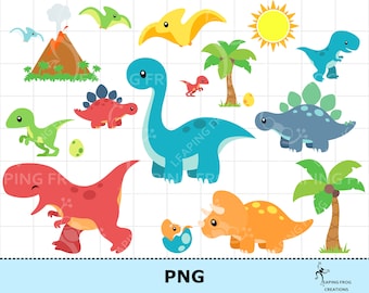 May include: A set of 10 colorful cartoon dinosaur illustrations, including a blue dinosaur, a red dinosaur, a green dinosaur, an orange dinosaur, a yellow dinosaur, a green pterodactyl, a yellow pterodactyl, a palm tree, a volcano, and a sun.