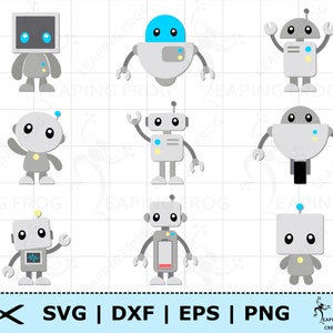May include: Set of nine robot illustrations in a cartoon style. The robots are grey with blue and yellow accents. They have different facial expressions and body shapes.