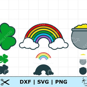 May include: A digital design file for a St. Patrick's Day themed design featuring a green four-leaf clover, a rainbow with clouds, and a pot of gold.