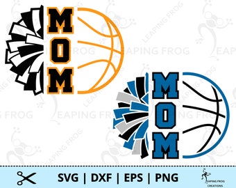 May include: Two SVG cut files for a "MOM" design. The first design features a black and white cheerleader pom-pom on the left and a basketball on the right. The second design features a blue, black, and gray cheerleader pom-pom on the left and a basketball on the right.