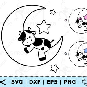 月の上の牛 SVG。PNG。クリカット カット ファイル、シルエット。ステンシル、アウトライン。農場の動物の睡眠、星、かわいい。保育園。DXF、eps。すぐにダウンロード