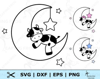 Cow on Moon SVG. PNG. Cricut cut files, Silhouette. Stencil, Outline. Farm animal Sleeping, Stars, Cute. Nursery. DXF, eps. Instant download