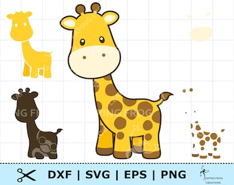 May include: A digital cut file of a cartoon giraffe with brown spots. The giraffe is yellow with a brown nose and hooves. The file is available in DXF, SVG, EPS, and PNG formats.